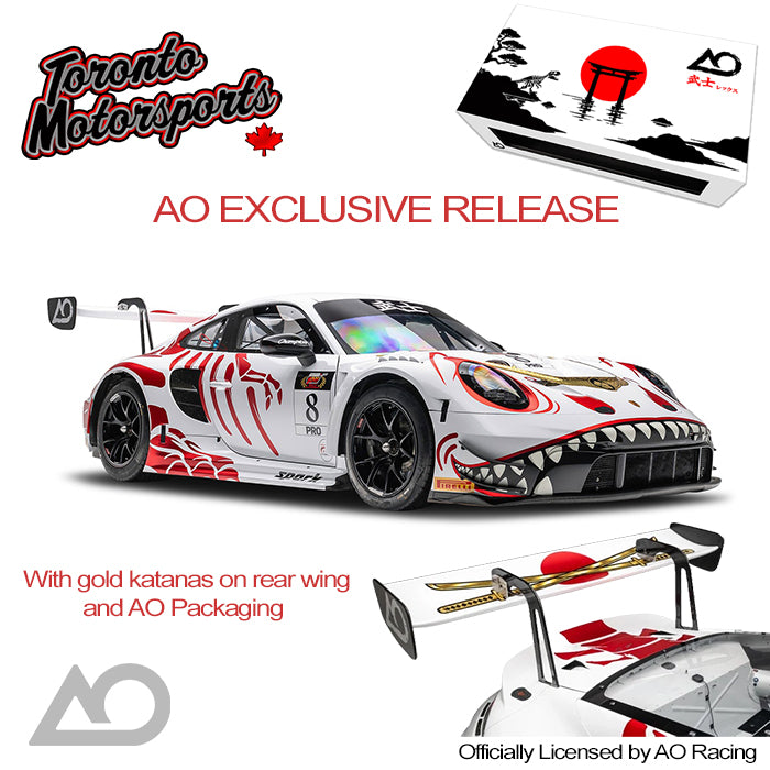 2026 Porsche 911 GT3-R #8 AO Racing 'Bushi Rex' - WINNER Suzuka 1000km Livery AO EXCLUSIVE EDITION *W/ GOLD KATANAS* 1:64 Scale by Spark #64SP089OEM