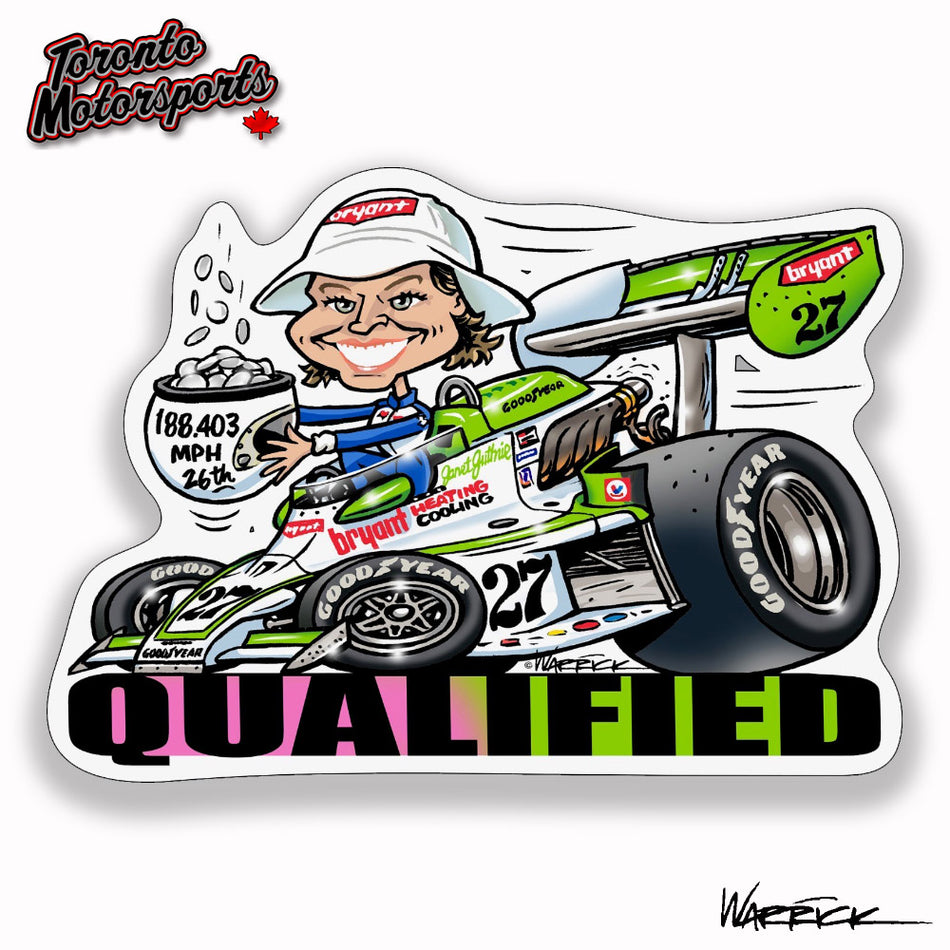 Janet Guthrie 1977 Indy 500 'Qualified' - IndyTOON Die Cut Vinyl Sticker #DECAL-JGQUAL (86)