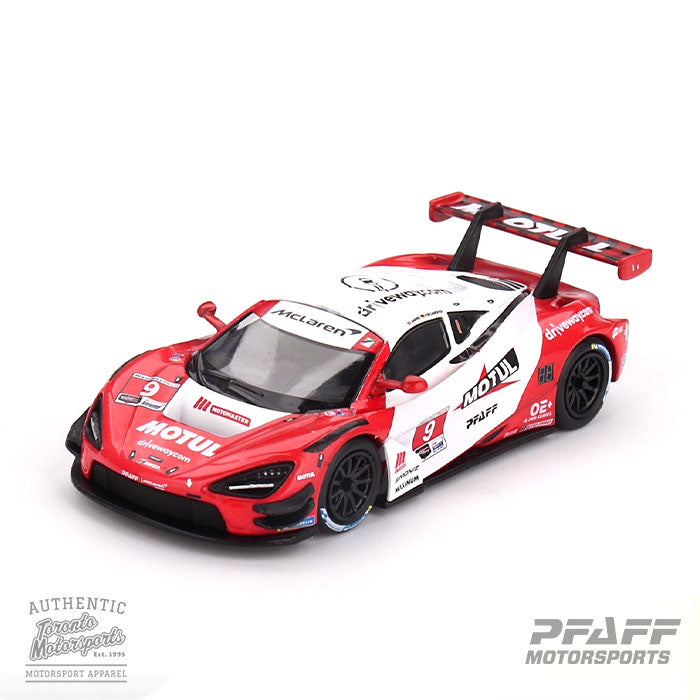2024 McLaren 720 GT3 EVO Pfaff Motorsports #9 Jarvis/Kirchhofer – 'SENNA TRIBUTE' IMSA Laguna Seca 1:64 Scale by MiniGT #MGT00993 (MGT0PFAFFLAGUNA)