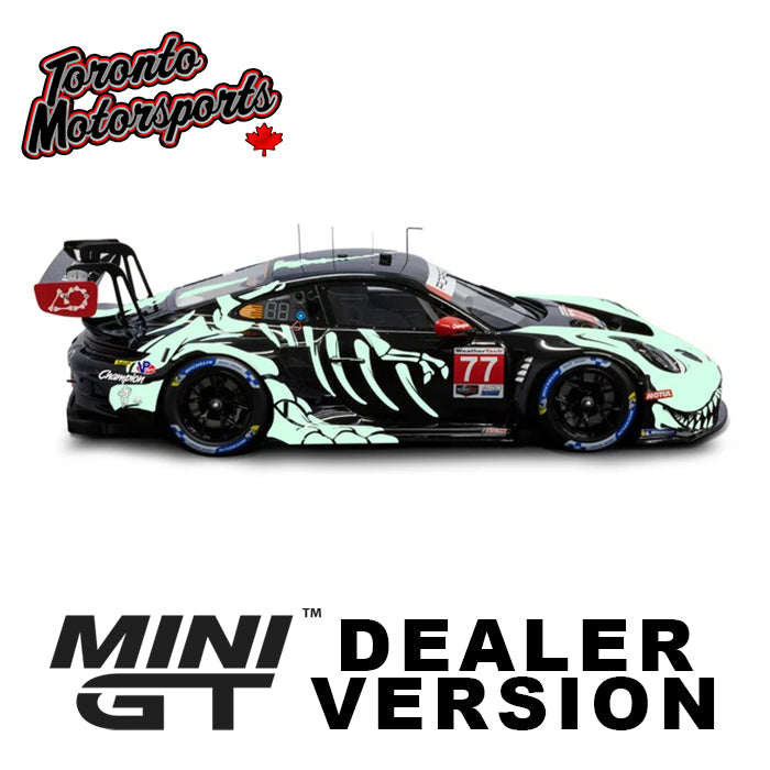 2026 Porsche 911 GT3 R AO Racing #77 - REXY GLOWING SKELETON - BLISTER PACKAGING – IMSA Petit LeMans 1:64 Scale by MiniGT #MGTAOGLOW-MGT