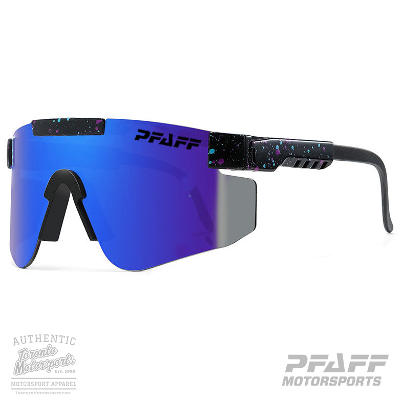 Pfaff Motorsports "Team Pit Crew" Black Speckled w/ Blue Mirrored Lens Sunglasses #PFAFF24-101BLU