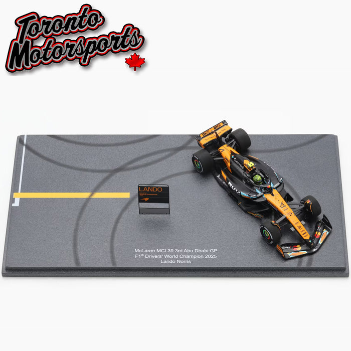 2025 McLaren MCL39 F1 #4 Lando Norris - Abu Dhabi GP 'WORLD CHAMPION' *W/ PIT BOARD & BIG BASE* 1:43 Scale by Spark #S9678 (SLMWC)