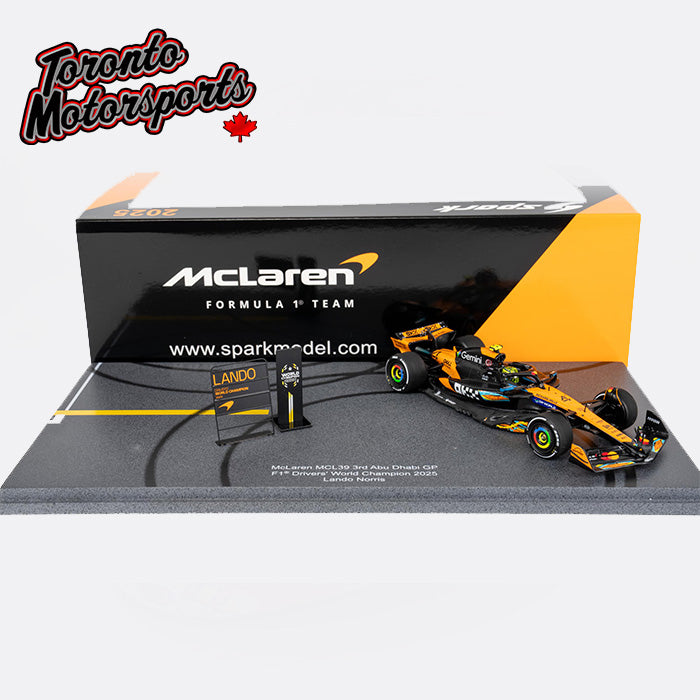 2025 McLaren MCL39 F1 #4 Lando Norris - Abu Dhabi GP 'WORLD CHAMPION' *W/ PIT BOARD & BIG BASE* 1:43 Scale by Spark #S9678 (SLMWC)