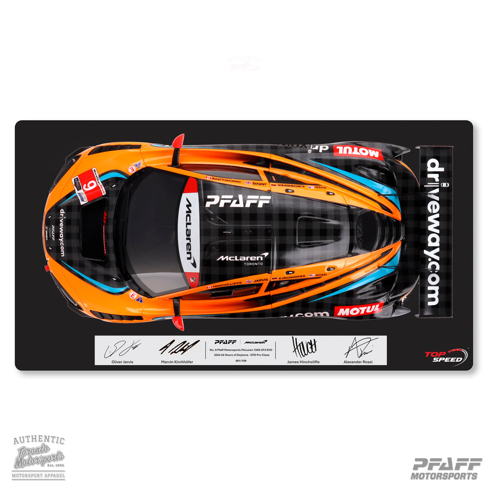 .2024 McLaren 720 GT3 EVO Pfaff Motorsports #9 Jarvis/Kirchhofer/Hinchcliffe/Rossi (SIGNED) - IMSA Daytona 24 Hrs. w/ Driver's Signatures 1:18 Scale by TopSpeed #TS0563