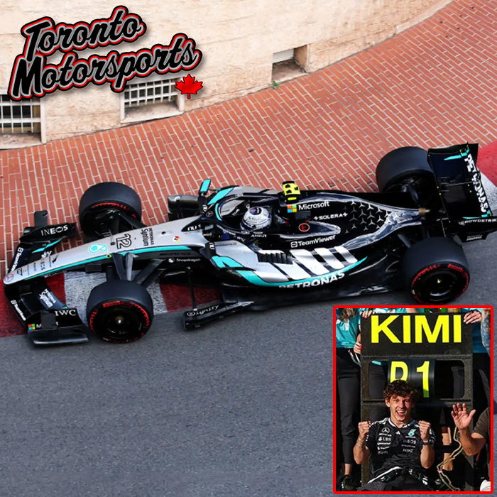 2026 Mercedes-AMG PETRONAS W17 #12 Kimi Antonelli  - WINNER Monaco GP *W/ Figurine, Number & Pit Board* - 1:43 Scale by Spark #S9340